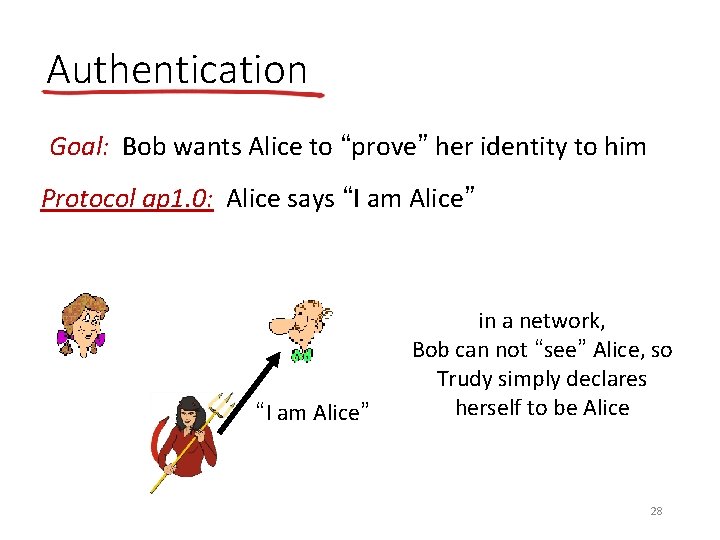 Authentication Goal: Bob wants Alice to “prove” her identity to him Protocol ap 1.