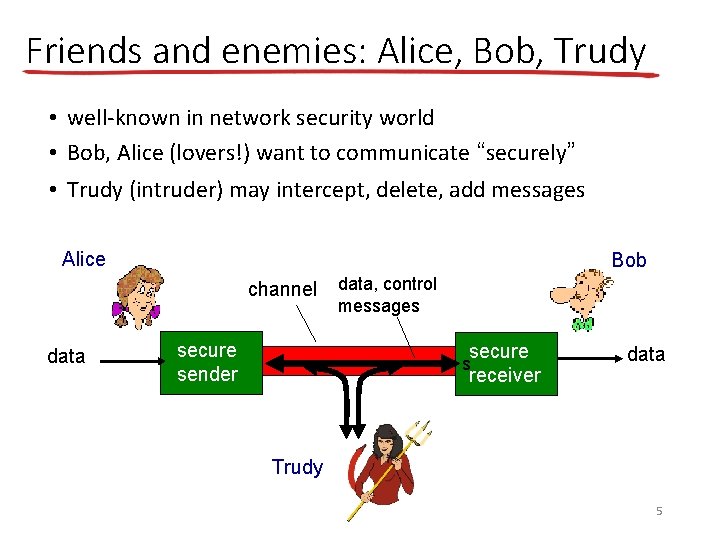 Friends and enemies: Alice, Bob, Trudy • well-known in network security world • Bob,