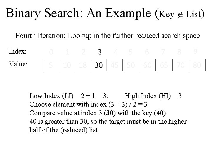 Binary Search: An Example (Key List) Fourth Iteration: Lookup in the further reduced search Binary Search: An Example (Key List) Fourth Iteration: Lookup in the further reduced search