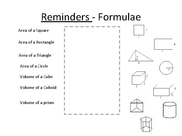 Reminders - Formulae Area of a Square Area of a Rectangle Area of a