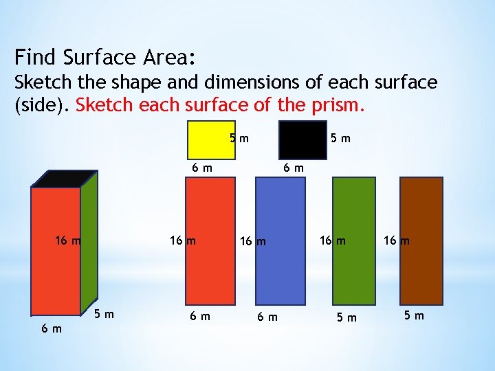 Find Surface Area: Sketch the shape and dimensions of each surface (side). Sketch each