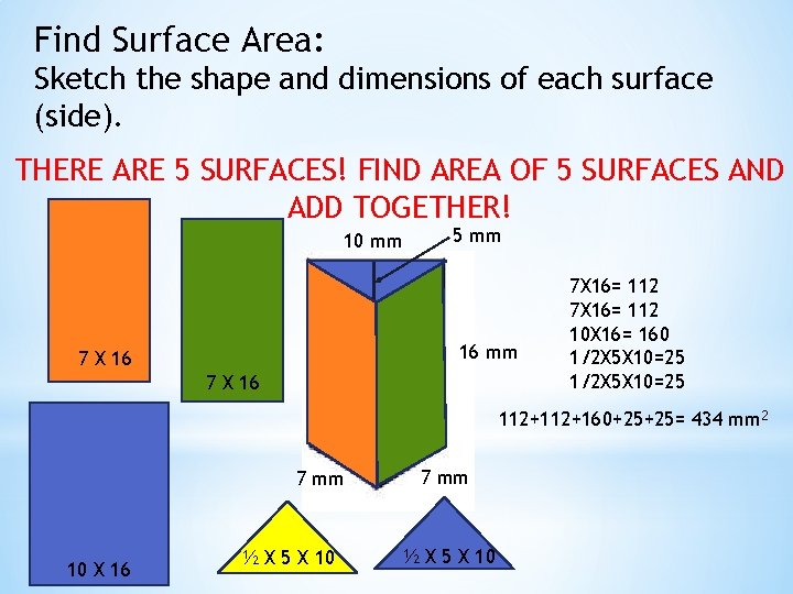 Find Surface Area: Sketch the shape and dimensions of each surface (side). THERE ARE