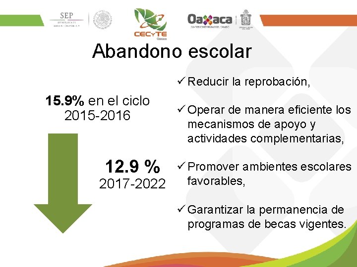 Abandono escolar ü Reducir la reprobación, 15. 9% en el ciclo 2015 -2016 ü