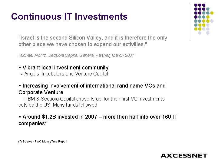 Continuous IT Investments "Israel is the second Silicon Valley, and it is therefore the