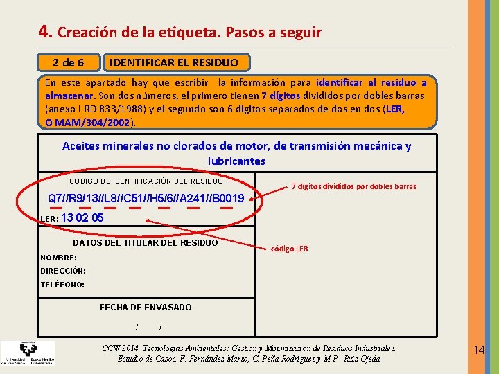 4. Creación de la etiqueta. Pasos a seguir 2 de 6 IDENTIFICAR EL RESIDUO 4. Creación de la etiqueta. Pasos a seguir 2 de 6 IDENTIFICAR EL RESIDUO