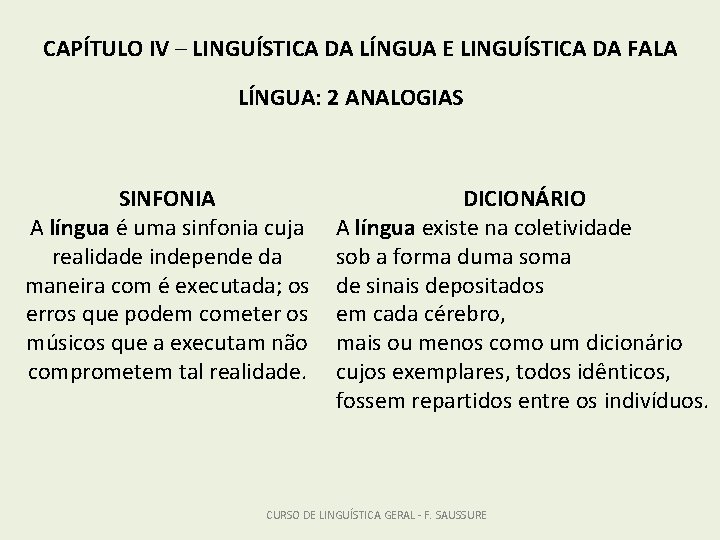 CAPÍTULO IV – LINGUÍSTICA DA LÍNGUA E LINGUÍSTICA DA FALA LÍNGUA: 2 ANALOGIAS SINFONIA