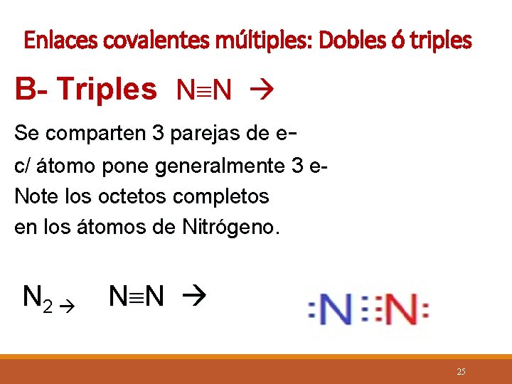 Enlaces covalentes múltiples: Dobles ó triples B- Triples N N Se comparten 3 parejas