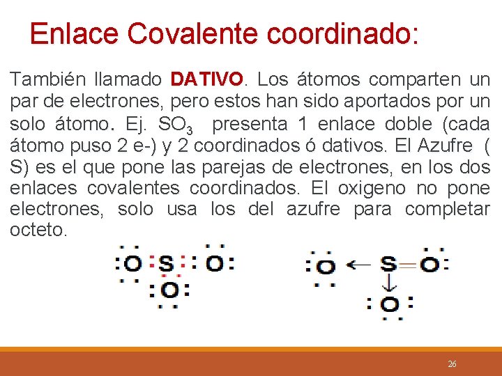 Enlace Covalente coordinado: También llamado DATIVO. Los átomos comparten un par de electrones, pero