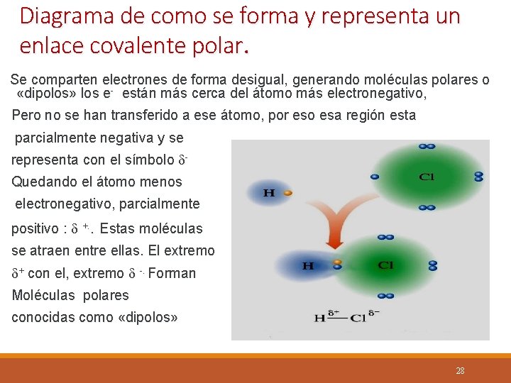 Diagrama de como se forma y representa un enlace covalente polar. Se comparten electrones