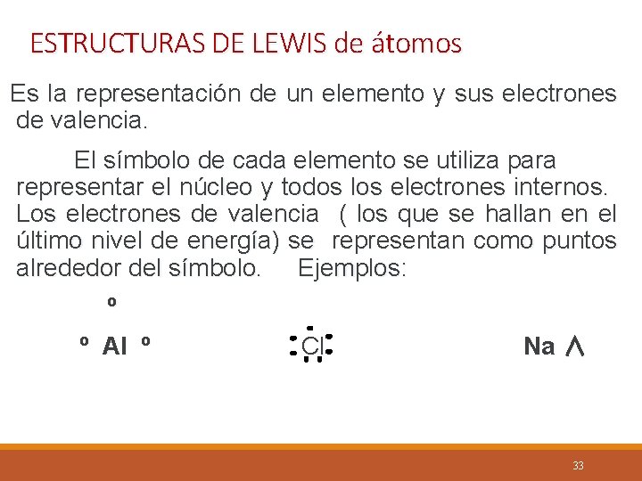 ESTRUCTURAS DE LEWIS de átomos Es la representación de un elemento y sus electrones
