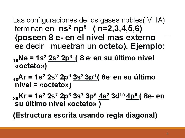 Las configuraciones de los gases nobles( VIIIA) terminan en ns 2 np 6 (