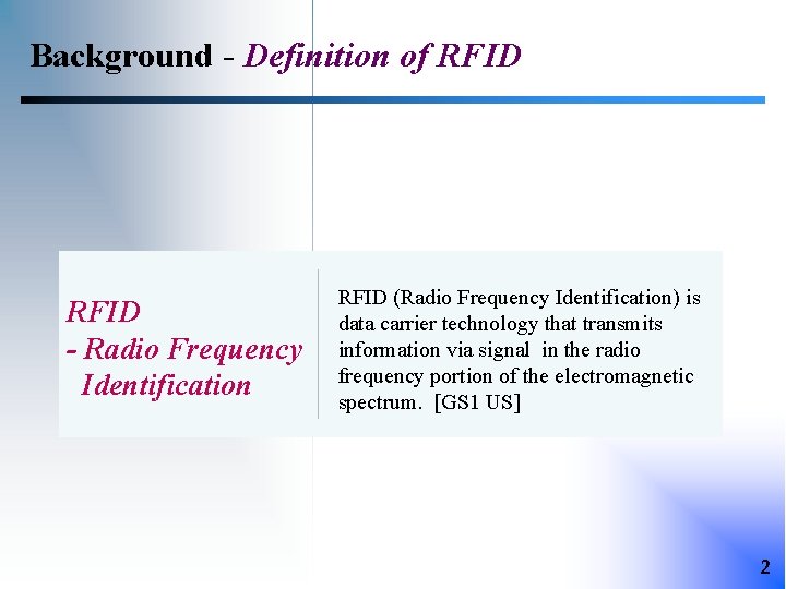 Background - Definition of RFID - Radio Frequency Identification RFID (Radio Frequency Identification) is