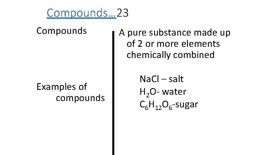 Compounds… 23 Compounds Examples of compounds A pure substance made up of 2 or