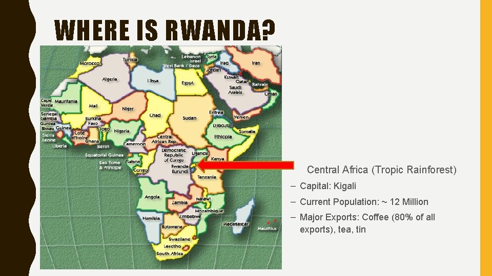 WHERE IS RWANDA? • • Central Africa (Tropic Rainforest) – Capital: Kigali – Current