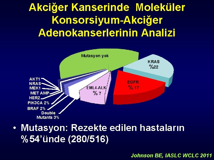 Akciğer Kanserinde Moleküler Konsorsiyum-Akciğer Adenokanserlerinin Analizi Mutasyon yok KRAS %22 AKT 1 NRAS MEK