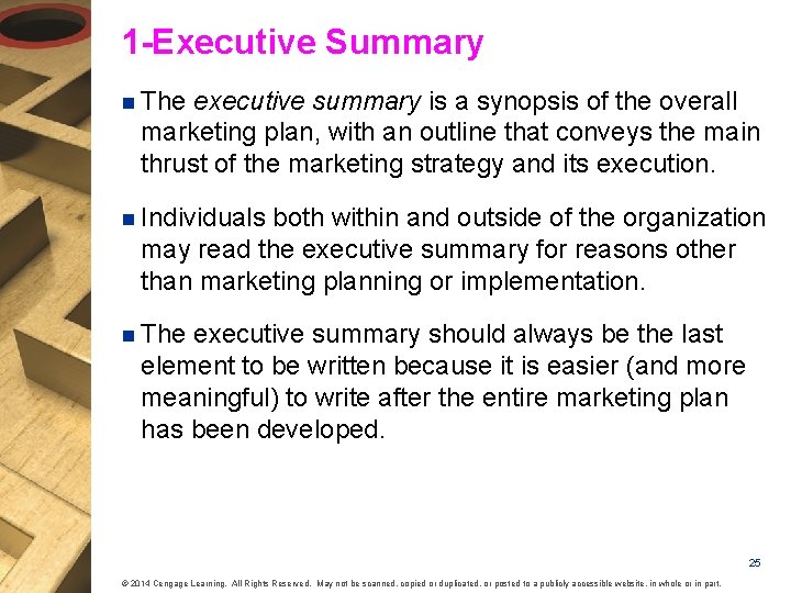 1 -Executive Summary n The executive summary is a synopsis of the overall marketing