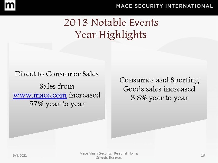 2013 Notable Events Year Highlights Direct to Consumer Sales from www. mace. com increased