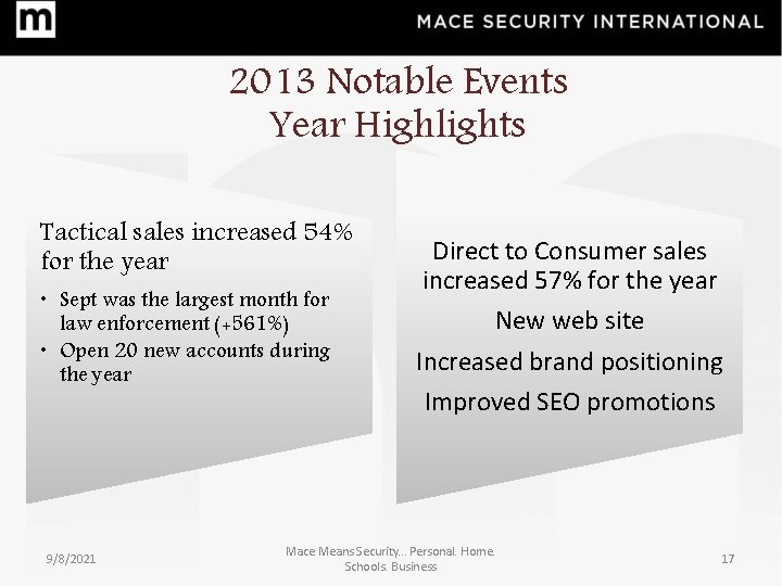 2013 Notable Events Year Highlights Tactical sales increased 54% for the year • Sept