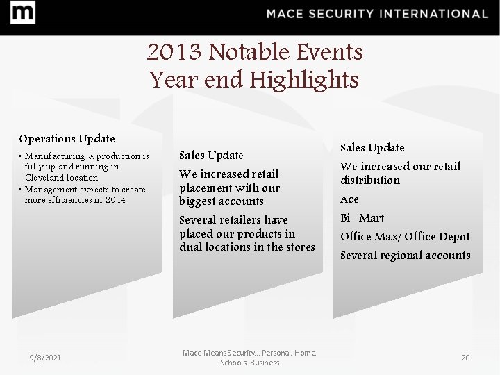 2013 Notable Events Year end Highlights Operations Update • Manufacturing & production is fully