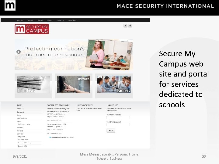 Secure My Campus web site and portal for services dedicated to schools 9/8/2021 Mace