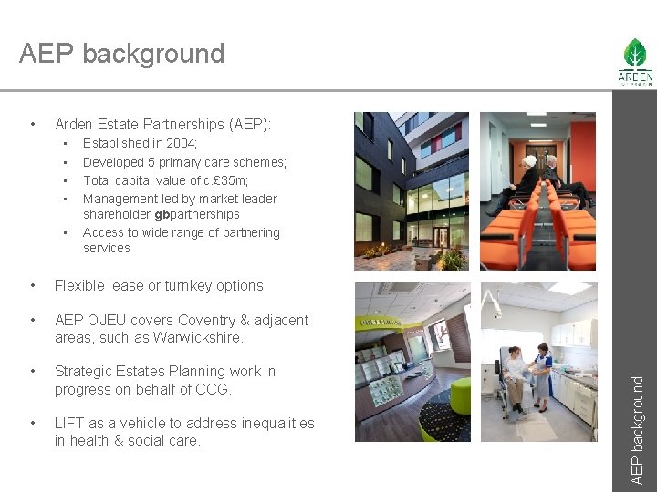 AEP background Arden Estate Partnerships (AEP): • • • Established in 2004; Developed 5