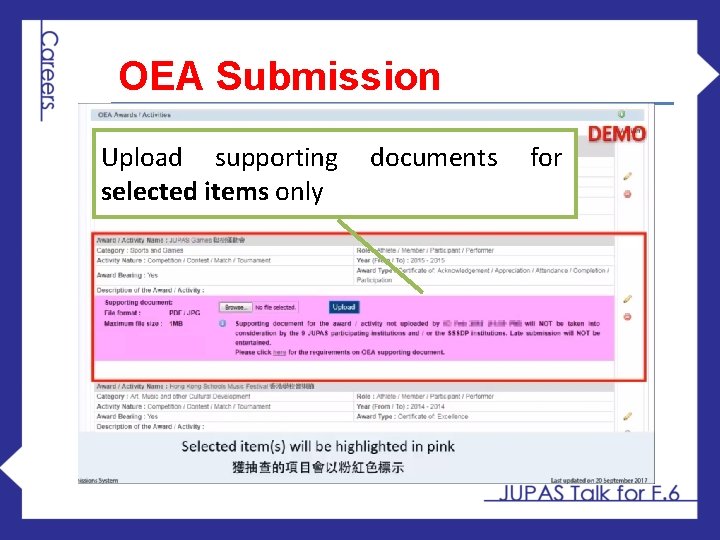 OEA Submission Upload supporting selected items only documents for 