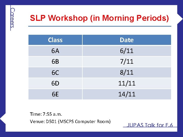 SLP Workshop (in Morning Periods) Class Date 6 A 6/11 6 B 7/11 6