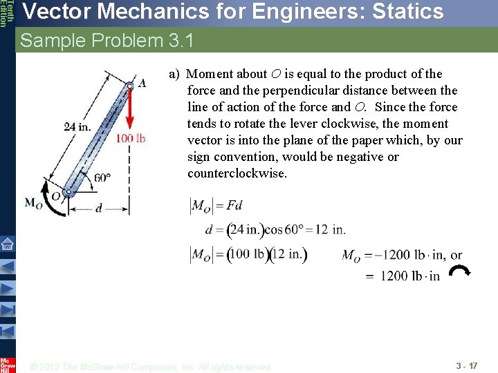 Tenth Edition Vector Mechanics for Engineers: Statics Sample Problem 3. 1 a) Moment about