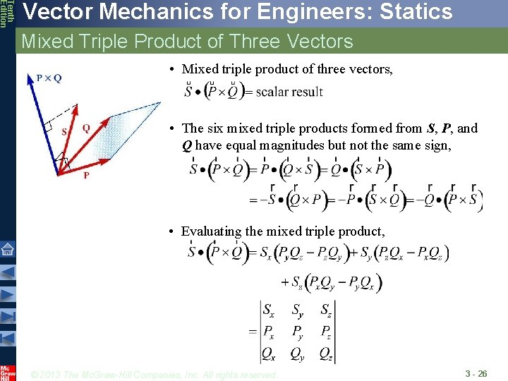 Tenth Edition Vector Mechanics for Engineers: Statics Mixed Triple Product of Three Vectors •