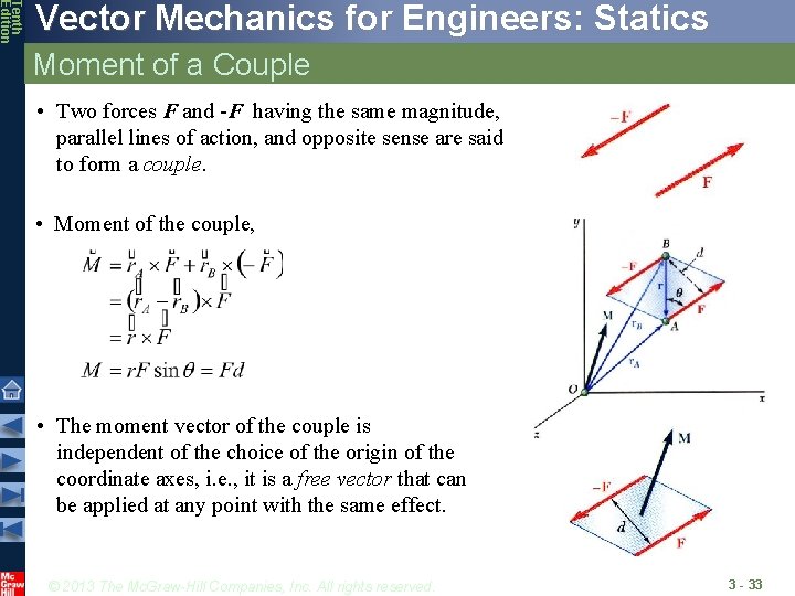 Tenth Edition Vector Mechanics for Engineers: Statics Moment of a Couple • Two forces