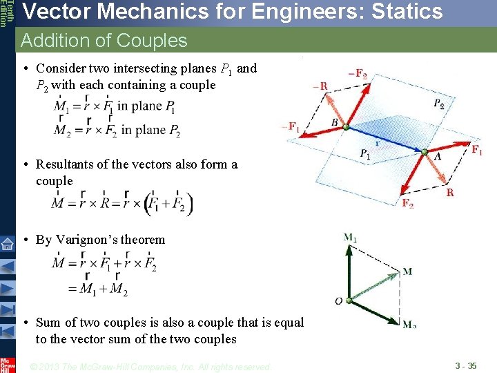Tenth Edition Vector Mechanics for Engineers: Statics Addition of Couples • Consider two intersecting