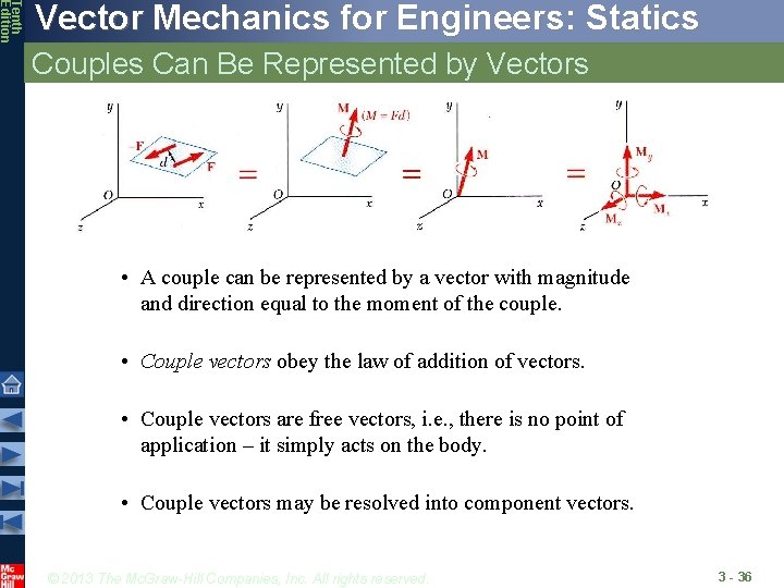 Tenth Edition Vector Mechanics for Engineers: Statics Couples Can Be Represented by Vectors •