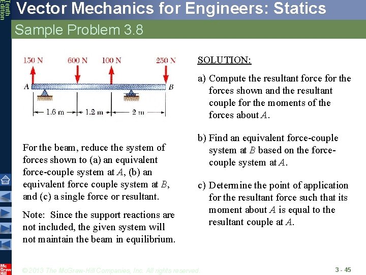 Tenth Edition Vector Mechanics for Engineers: Statics Sample Problem 3. 8 SOLUTION: a) Compute