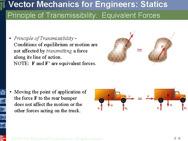 Tenth Edition Vector Mechanics for Engineers: Statics Principle of Transmissibility: Equivalent Forces • Principle
