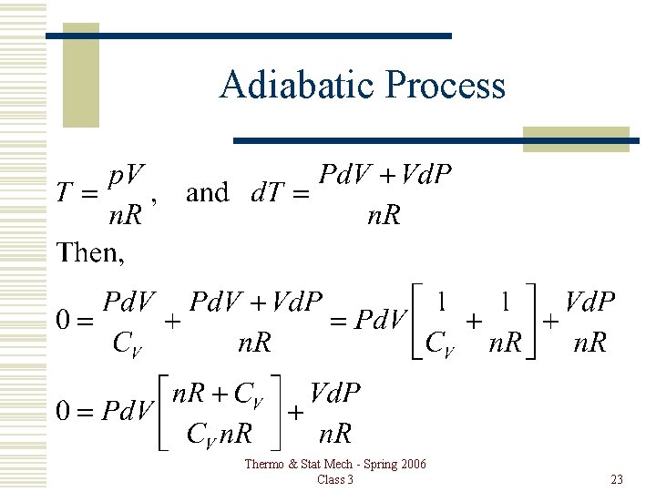 Adiabatic Process Thermo & Stat Mech - Spring 2006 Class 3 23 