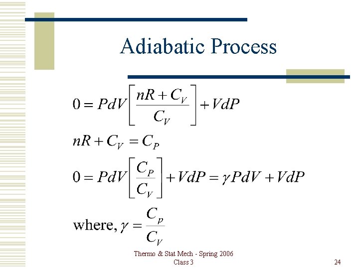 Adiabatic Process Thermo & Stat Mech - Spring 2006 Class 3 24 