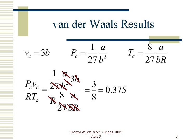 van der Waals Results Thermo & Stat Mech - Spring 2006 Class 3 3