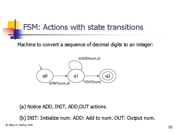 FSM: Actions with state transitions Machine to convert a sequence of decimal digits to
