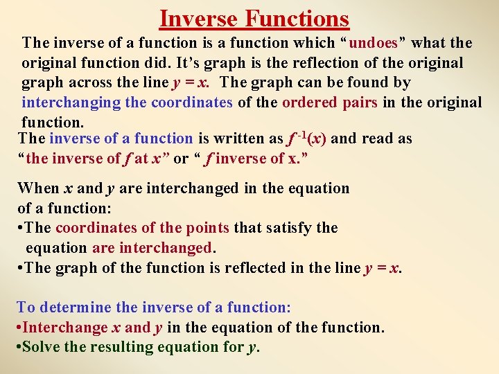 Inverse Functions The inverse of a function is a function which “undoes” what the
