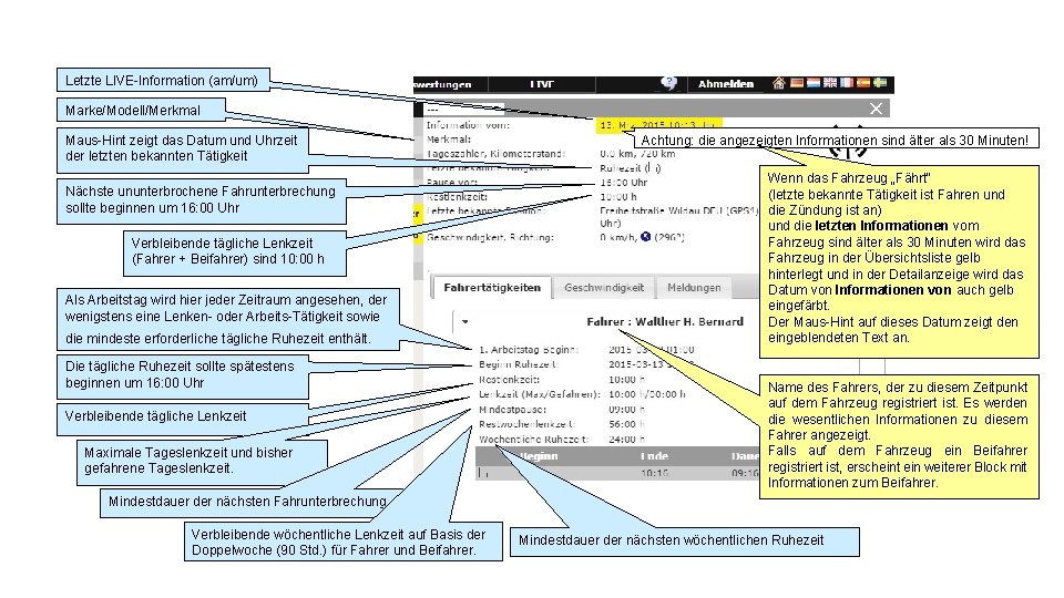 Letzte LIVE-Information (am/um) Marke/Modell/Merkmal Maus-Hint zeigt das Datum und Uhrzeit der letzten bekannten Tätigkeit