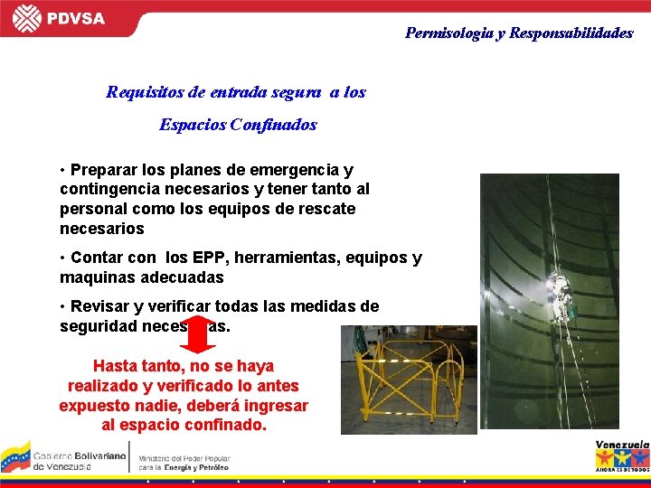 Permisologia y Responsabilidades Requisitos de entrada segura a los Espacios Confinados • Preparar los