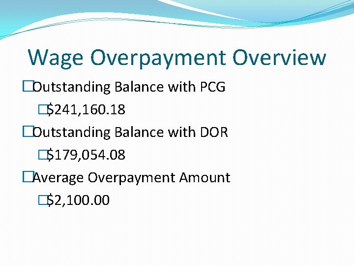 Wage Overpayment Overview �Outstanding Balance with PCG �$241, 160. 18 �Outstanding Balance with DOR