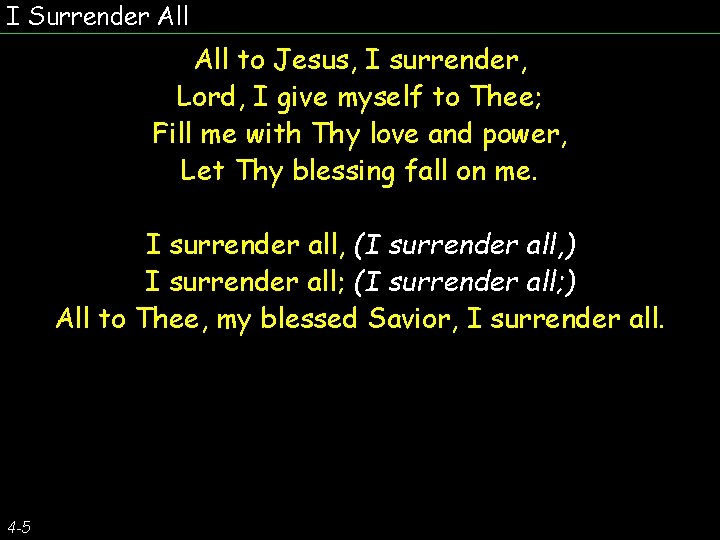 I Surrender All to Jesus, I surrender, Lord, I give myself to Thee; Fill