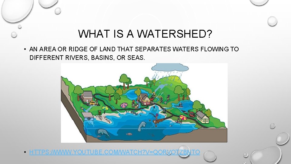 WHAT IS A WATERSHED? • AN AREA OR RIDGE OF LAND THAT SEPARATES WATERS WHAT IS A WATERSHED? • AN AREA OR RIDGE OF LAND THAT SEPARATES WATERS