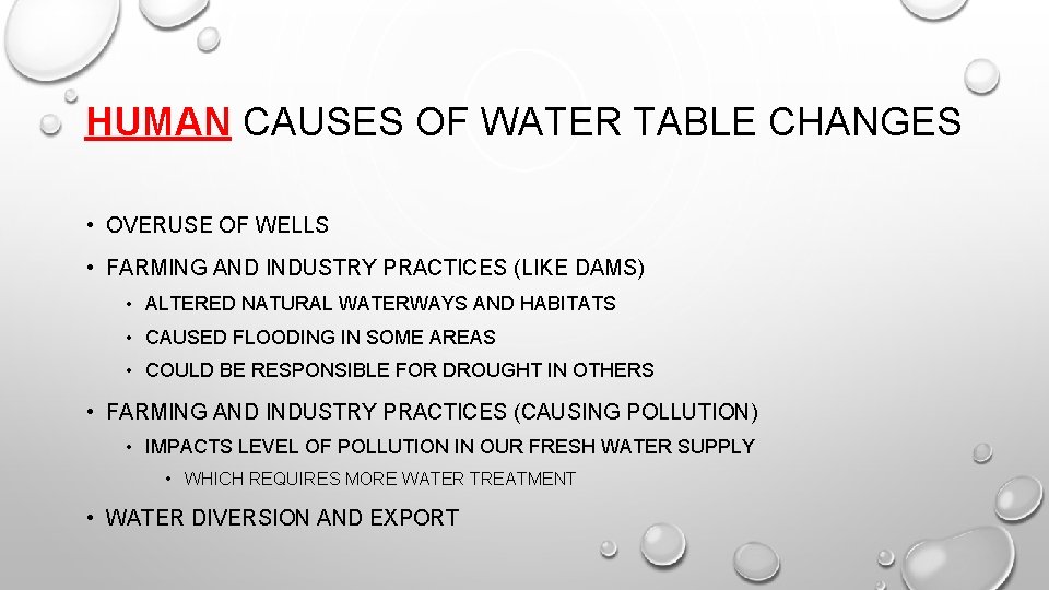 HUMAN CAUSES OF WATER TABLE CHANGES • OVERUSE OF WELLS • FARMING AND INDUSTRY HUMAN CAUSES OF WATER TABLE CHANGES • OVERUSE OF WELLS • FARMING AND INDUSTRY