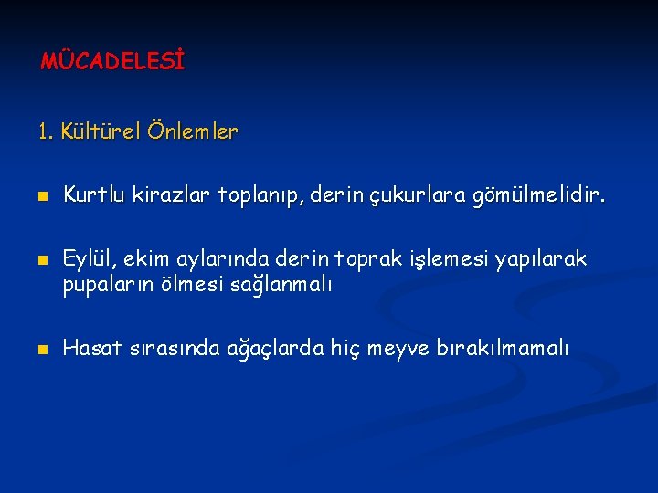 MÜCADELESİ 1. Kültürel Önlemler n n n Kurtlu kirazlar toplanıp, derin çukurlara gömülmelidir. Eylül,