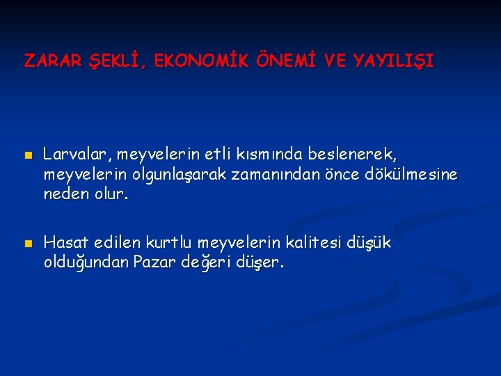 ZARAR ŞEKLİ, EKONOMİK ÖNEMİ VE YAYILIŞI n n Larvalar, meyvelerin etli kısmında beslenerek, meyvelerin