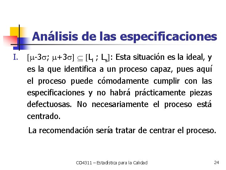 Análisis de las especificaciones I. -3 ; +3 Li ; Ls : Esta situación