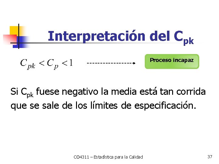 Interpretación del Cpk Proceso incapaz Si Cpk fuese negativo la media está tan corrida