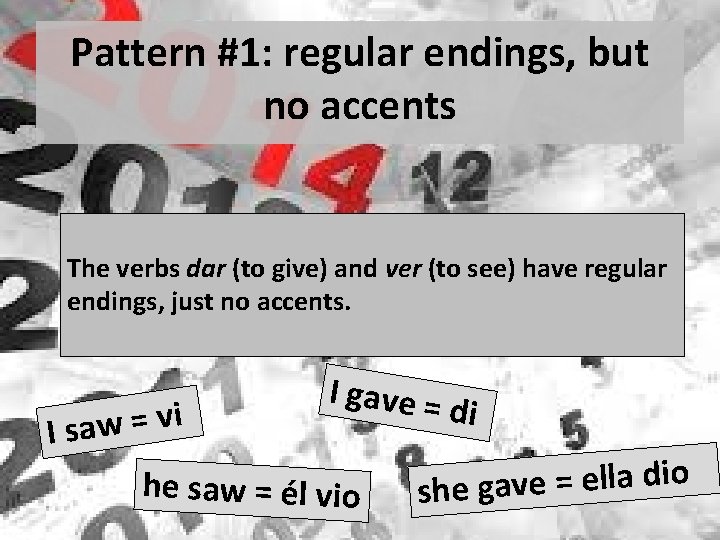 Pattern #1: regular endings, but no accents The verbs dar (to give) and ver